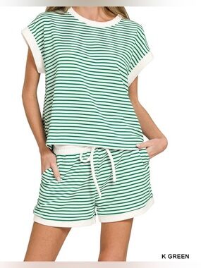 Zenana Outfitters Green and White Striped Short Set